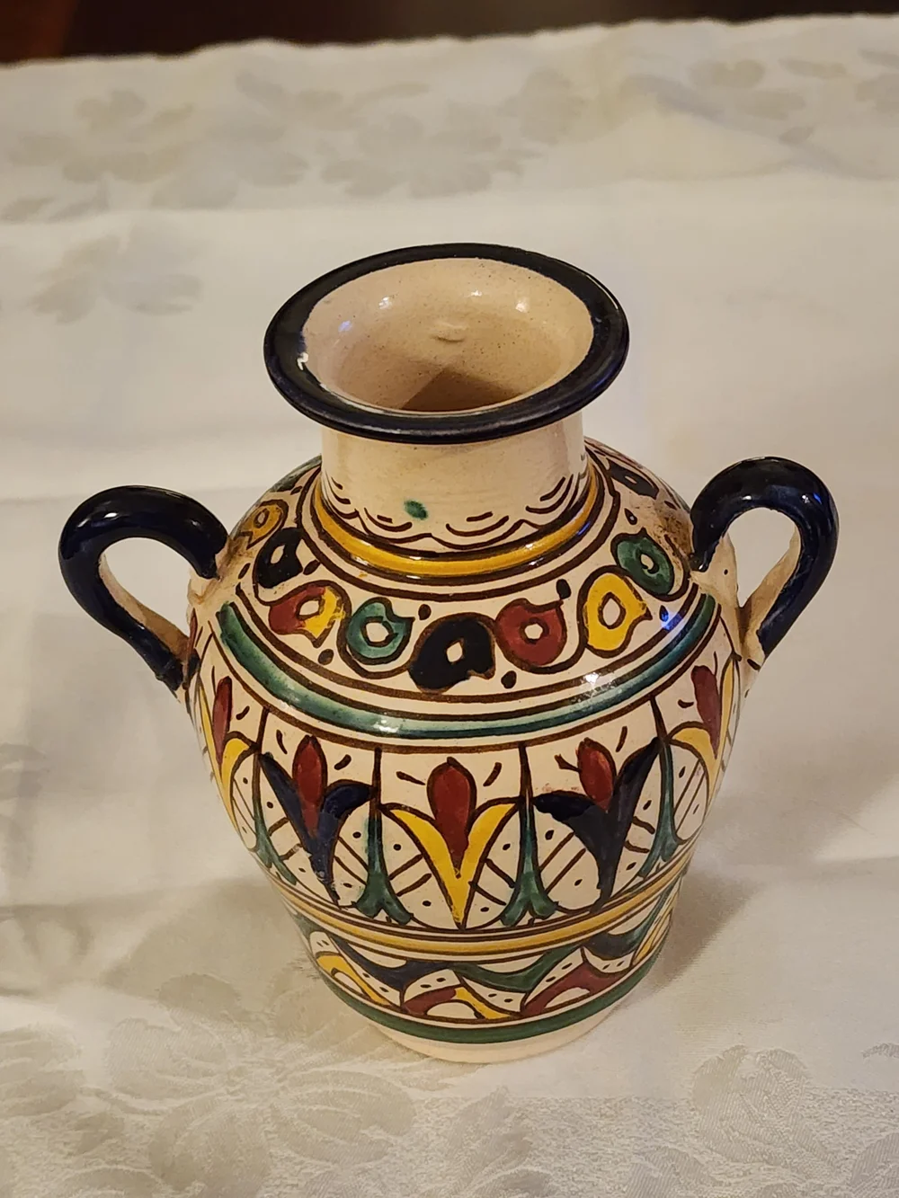Hand-Painted Moroccan Ceramic Vase in Cream with Multicolor Accents